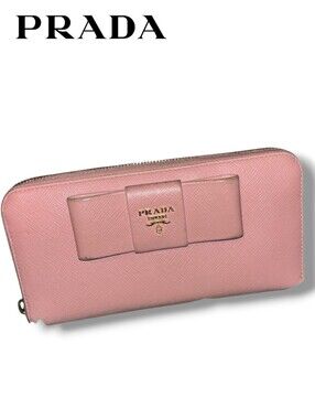PRADA Fiocco Bow Saffiano Leather Long Wallet Pink Foldover Clutch Flap Italy